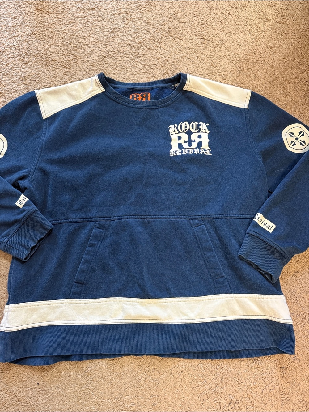 Rock Revival Men’s Hockey XXXL 3XL Navy Crewneck Sweatshirt with Cream Accents
